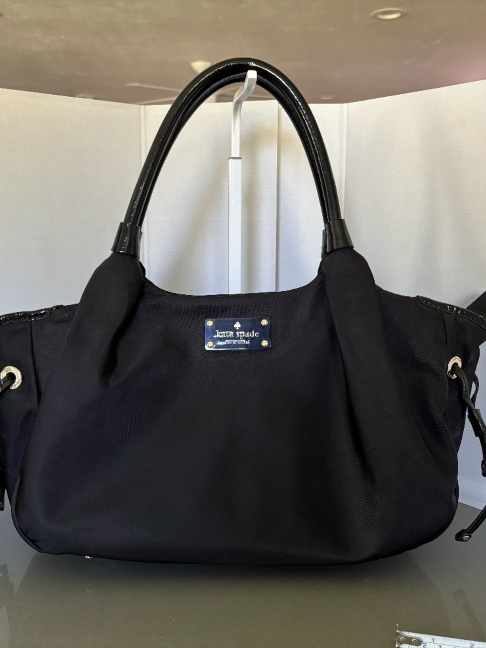 Kate Spade Black Nylon Large Shoulder Tote Bag with Patent Leather Trim
